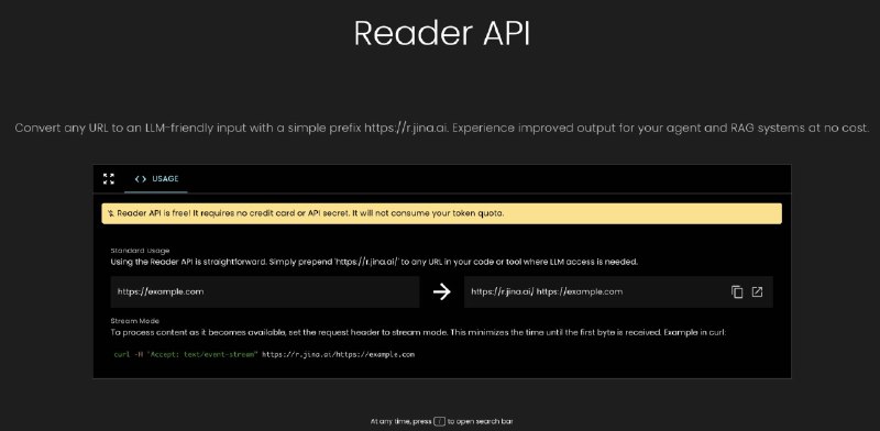 Jina-ai/Reader：将任何网页URL转换为大语言模型友好的输入格式jina-ai/reader 将任何网页URL转换为大语言模型（LLM）友好的输入格式