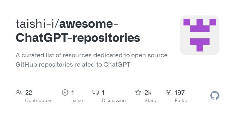 taishi-i / awesome-ChatGPT-repositoriesA curated list of resources dedicated to open source GitHub repositories related to ChatGPTRepo URL | 👀47 🍴204 ⭐1727#D20240508 #D20240508_Unknown #UnknownGitHubGitHub - taishi-i/awesome-ChatGPT-repositories: A curated list of resources dedicated to open source GitHub repositories related…A curated list of resources dedicated to open source GitHub repositories related to ChatGPT - taishi-i/awesome-ChatGPT-repositoriesvia Github Trending - Telegram Channel